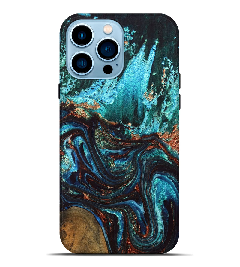 iPhone 14 Pro Max Wood Live Edge Phone Case - Guy (Teal & Gold, 832173)