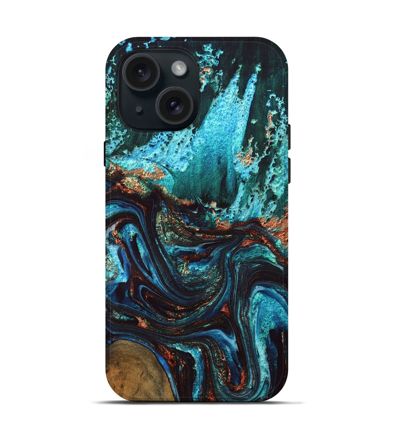 iPhone 15 Wood Live Edge Phone Case - Guy (Teal & Gold, 832173)