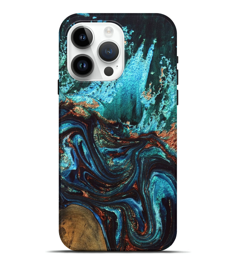 iPhone 15 Pro Max Wood Live Edge Phone Case - Guy (Teal & Gold, 832173)