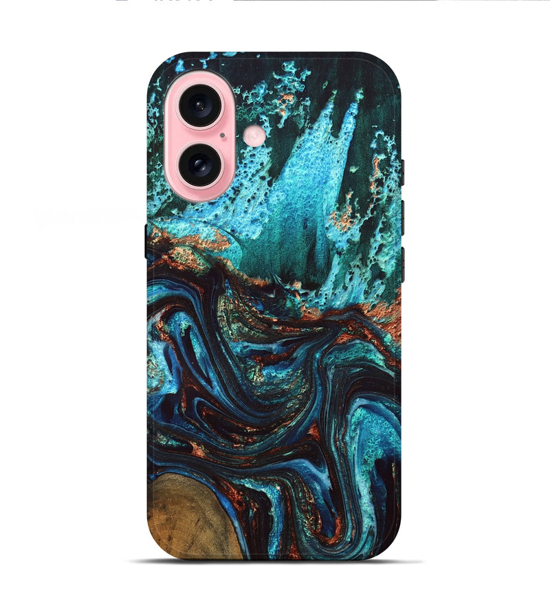 iPhone 16 Wood Live Edge Phone Case - Guy (Teal & Gold, 832173)