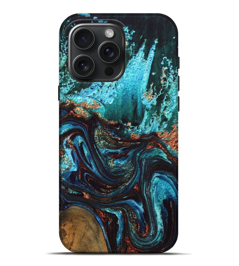 iPhone 16 Pro Max Wood Live Edge Phone Case - Guy (Teal & Gold, 832173)