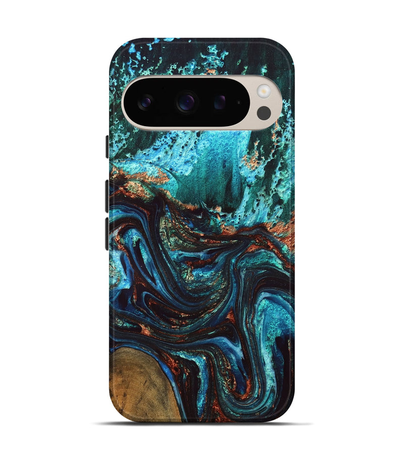 Pixel 9 Pro Wood Live Edge Phone Case - Guy (Teal & Gold, 832173)