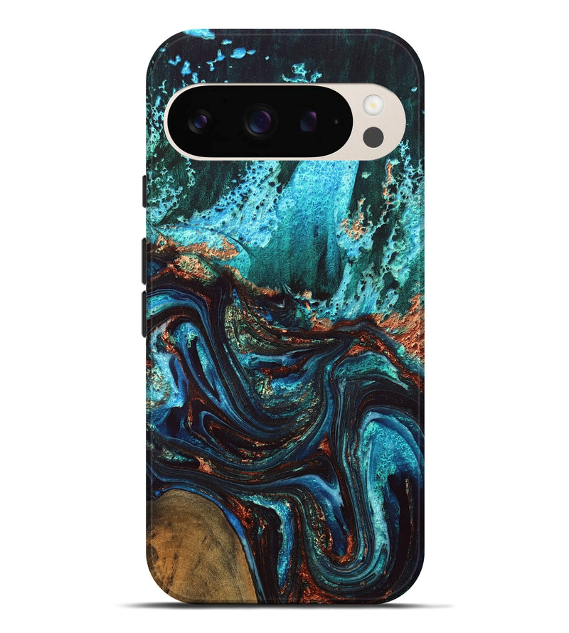 Pixel 9 Pro XL Wood Live Edge Phone Case - Guy (Teal & Gold, 832173)