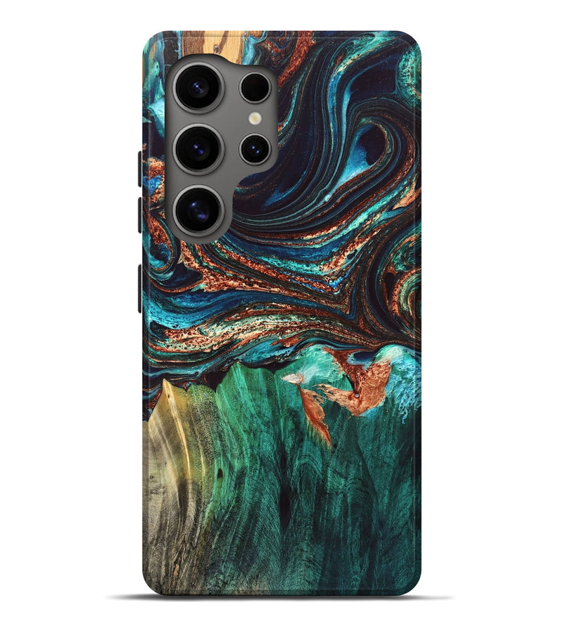 Galaxy S25 Ultra Wood Live Edge Phone Case - Quiana (Teal & Gold, 832175)