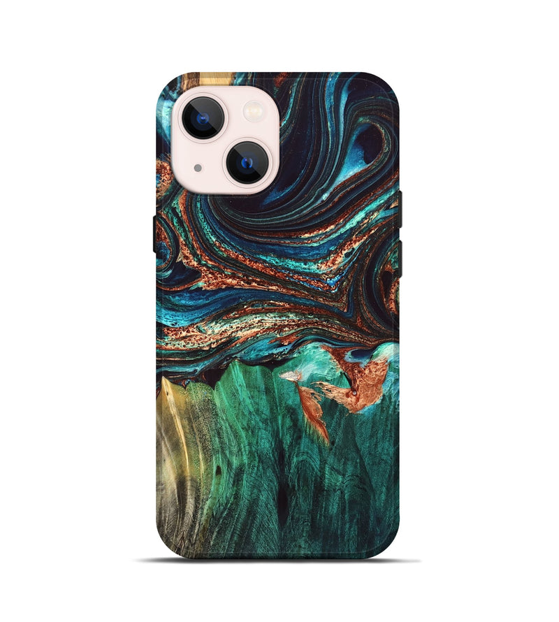 iPhone 13 mini Wood Live Edge Phone Case - Quiana (Teal & Gold, 832175)