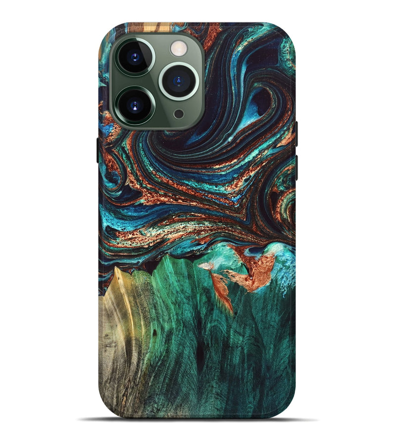 iPhone 13 Pro Max Wood Live Edge Phone Case - Quiana (Teal & Gold, 832175)