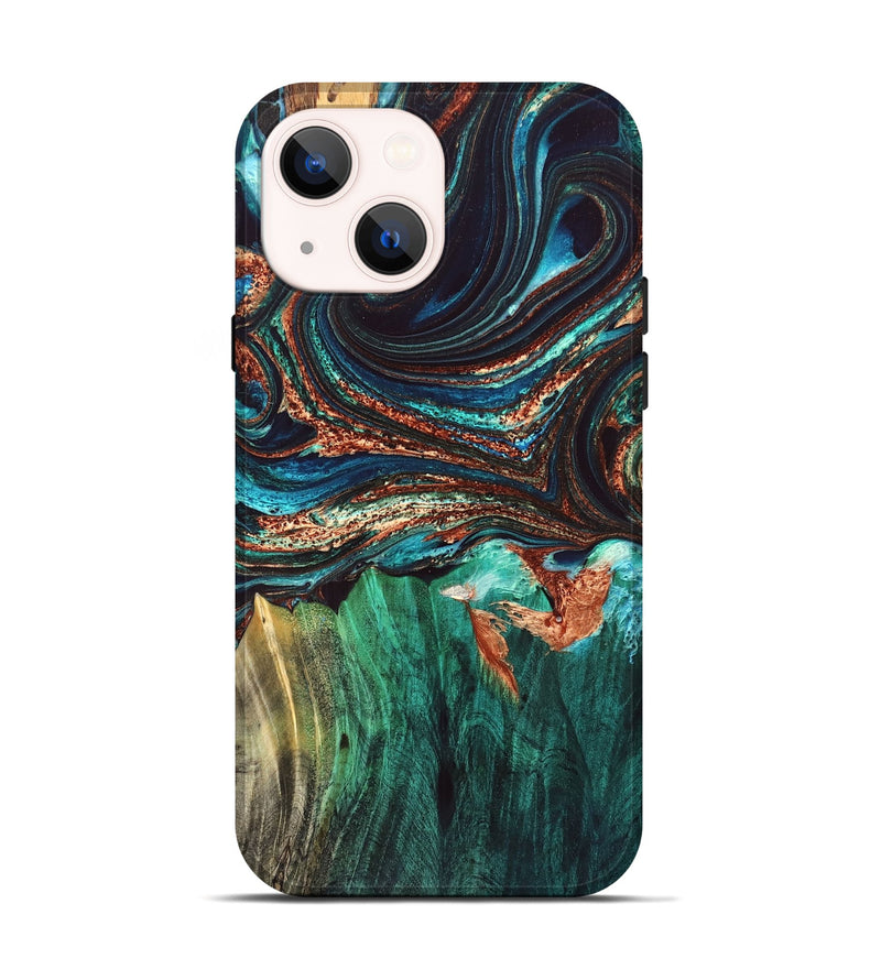iPhone 14 Wood Live Edge Phone Case - Quiana (Teal & Gold, 832175)