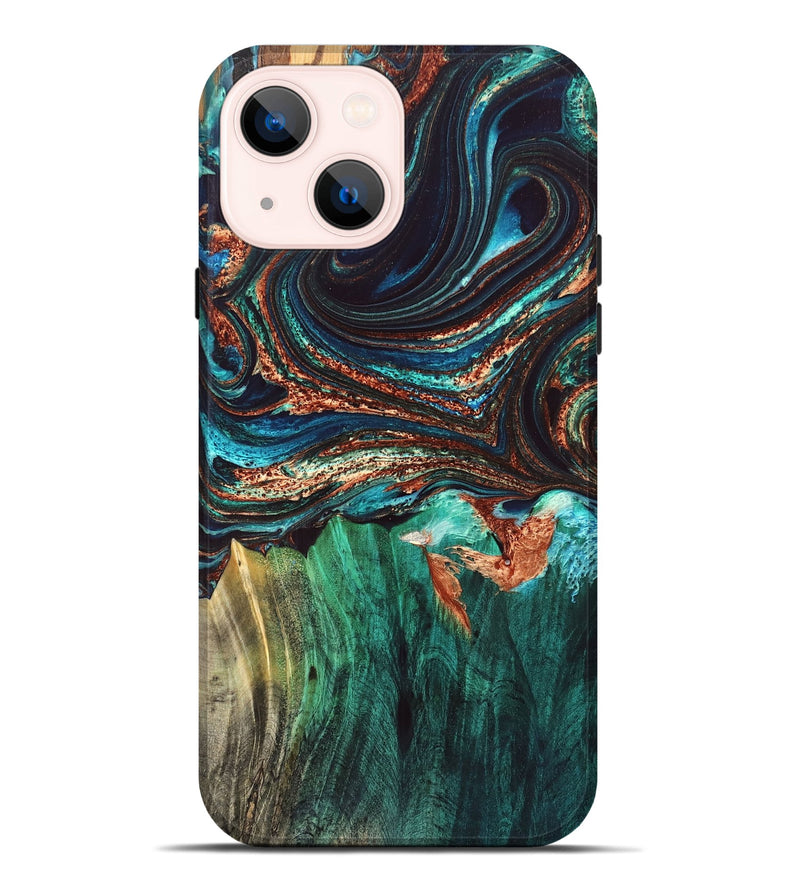iPhone 14 Plus Wood Live Edge Phone Case - Quiana (Teal & Gold, 832175)