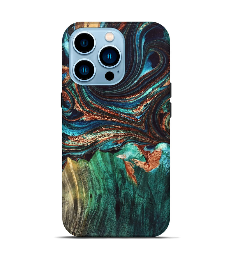 iPhone 14 Pro Wood Live Edge Phone Case - Quiana (Teal & Gold, 832175)