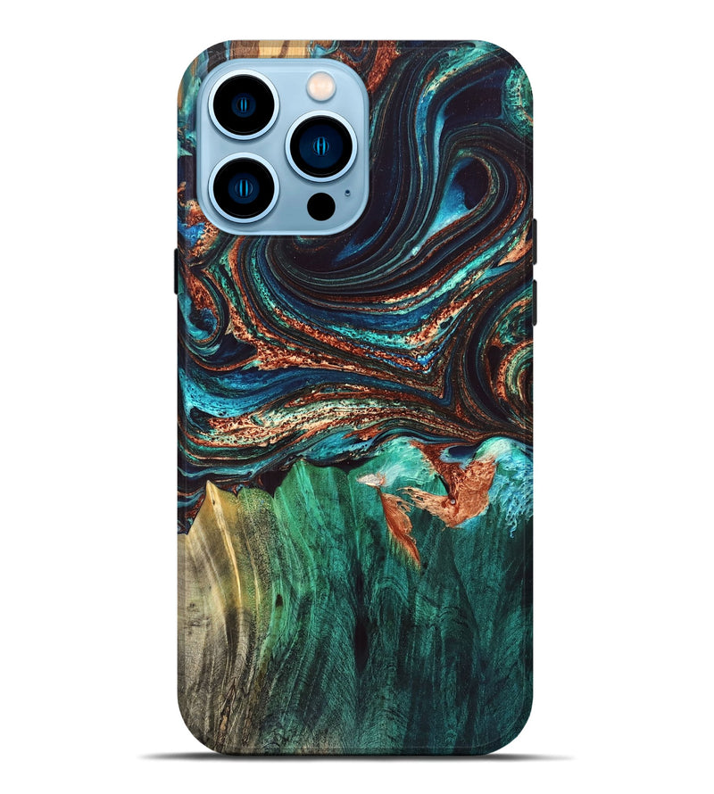 iPhone 14 Pro Max Wood Live Edge Phone Case - Quiana (Teal & Gold, 832175)