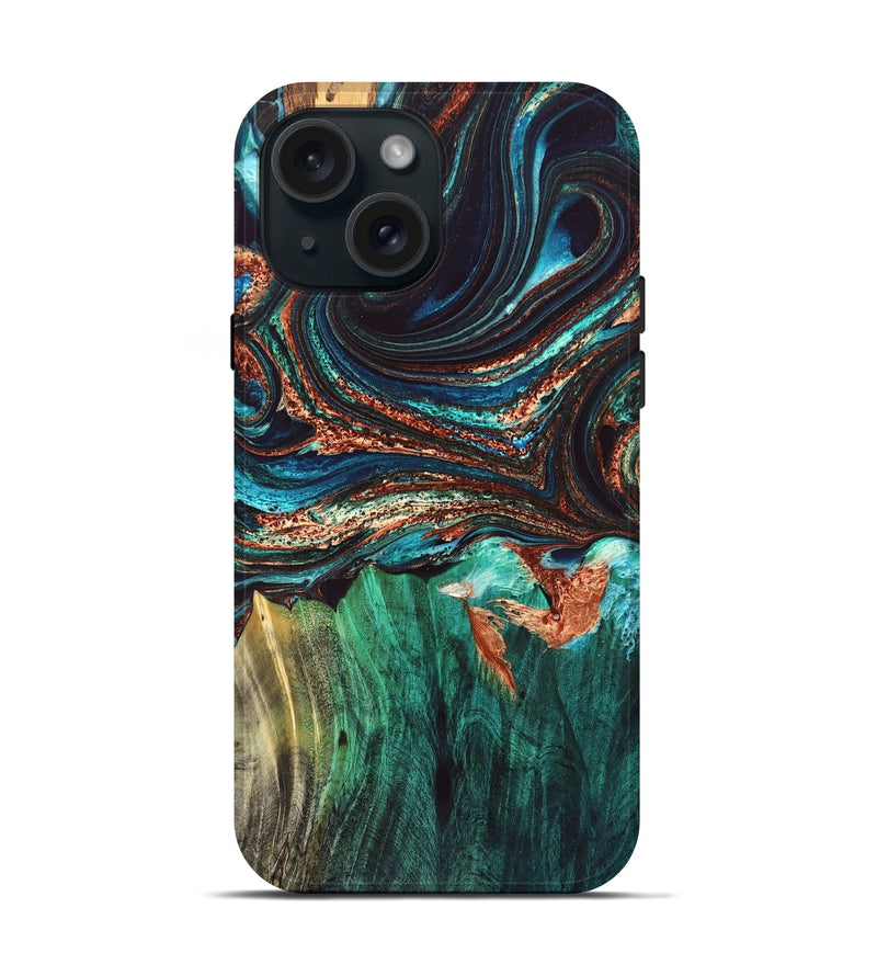 iPhone 15 Wood Live Edge Phone Case - Quiana (Teal & Gold, 832175)