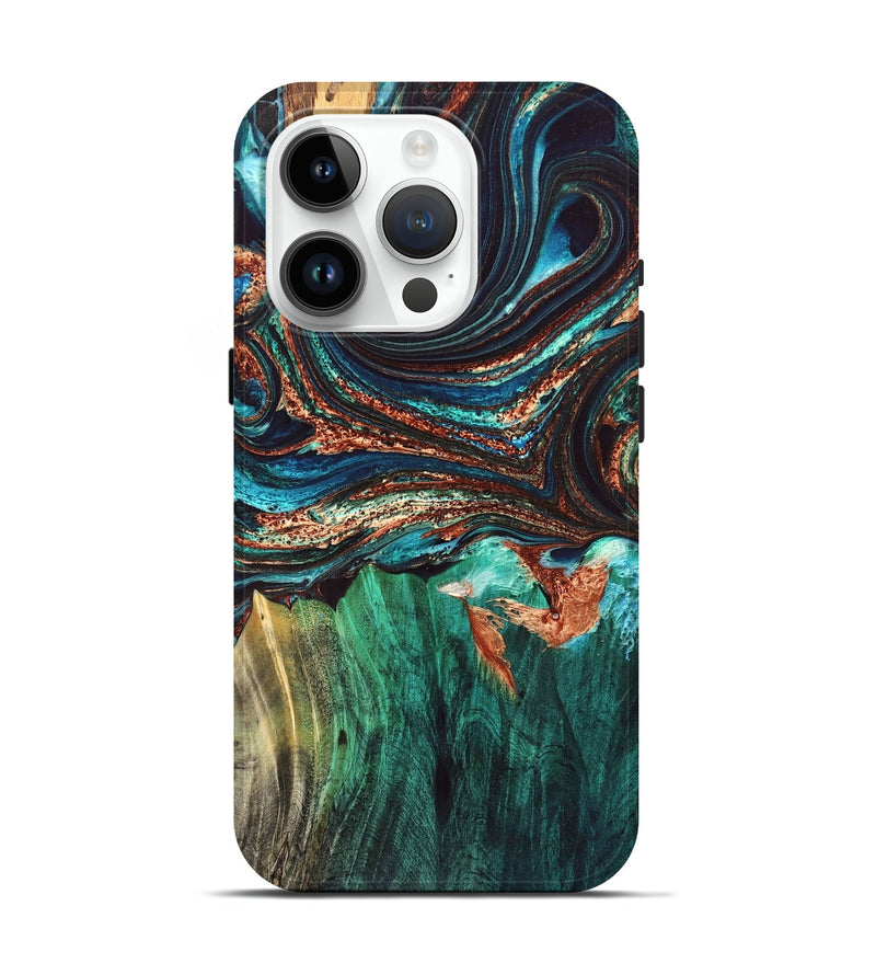 iPhone 15 Pro Wood Live Edge Phone Case - Quiana (Teal & Gold, 832175)
