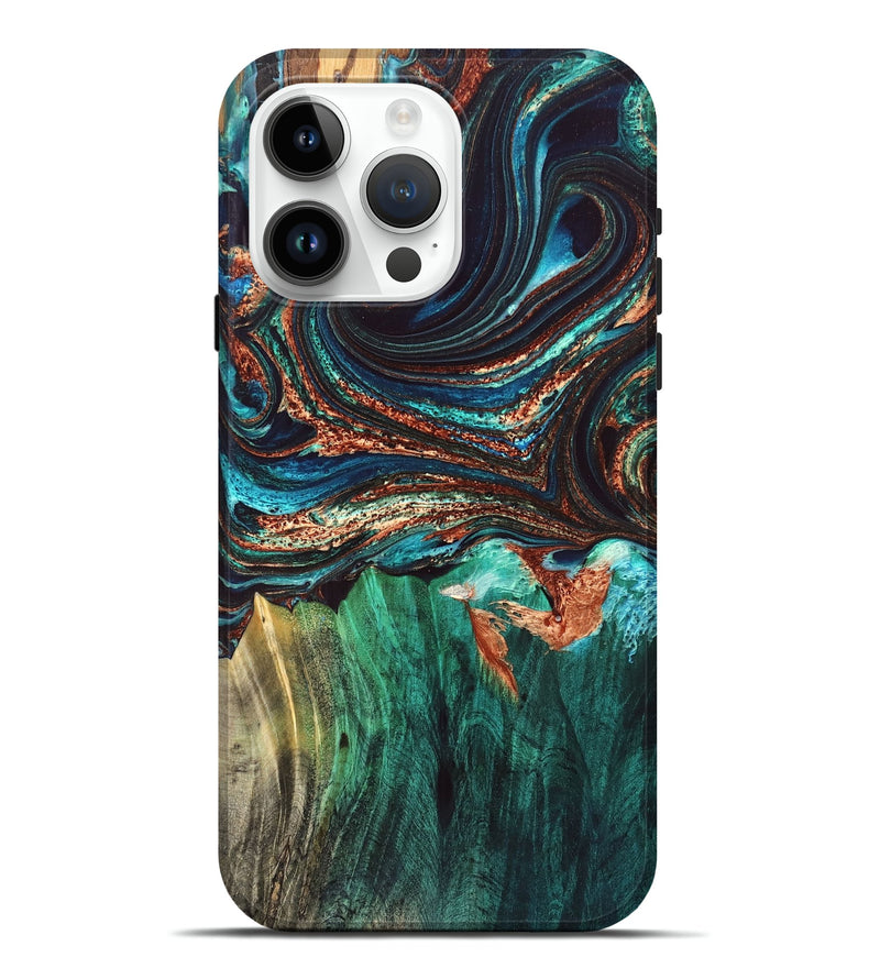 iPhone 15 Pro Max Wood Live Edge Phone Case - Quiana (Teal & Gold, 832175)
