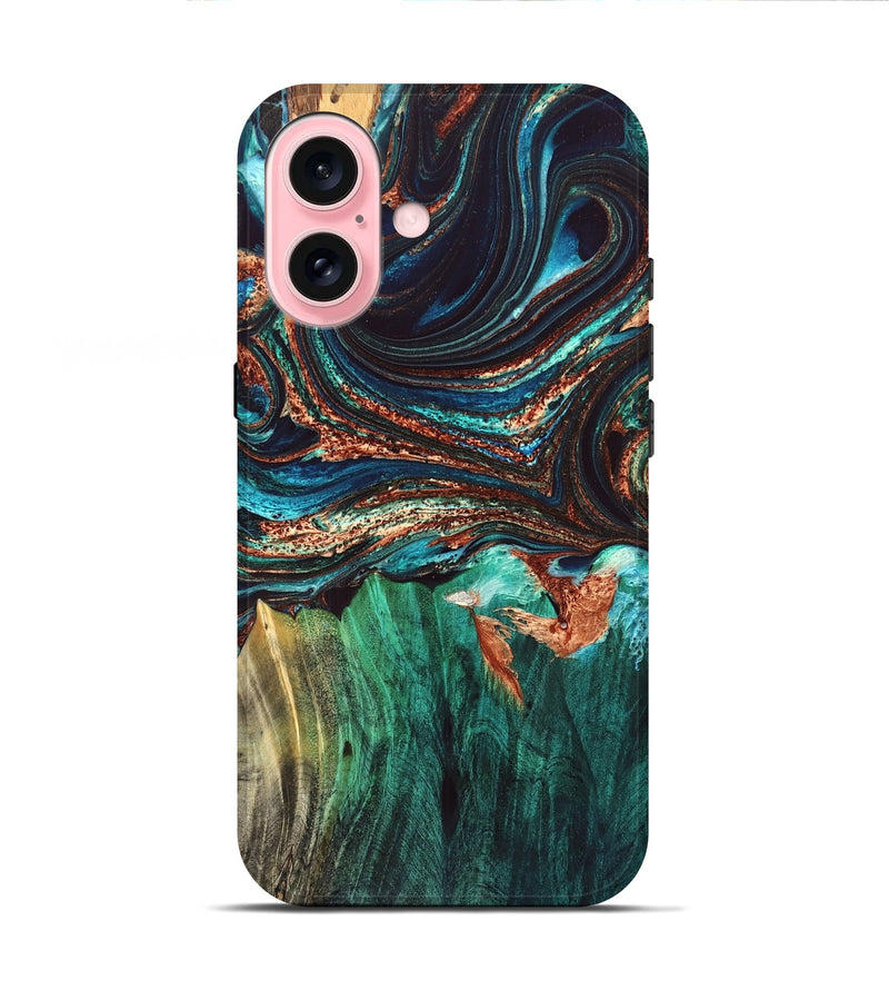 iPhone 16 Wood Live Edge Phone Case - Quiana (Teal & Gold, 832175)