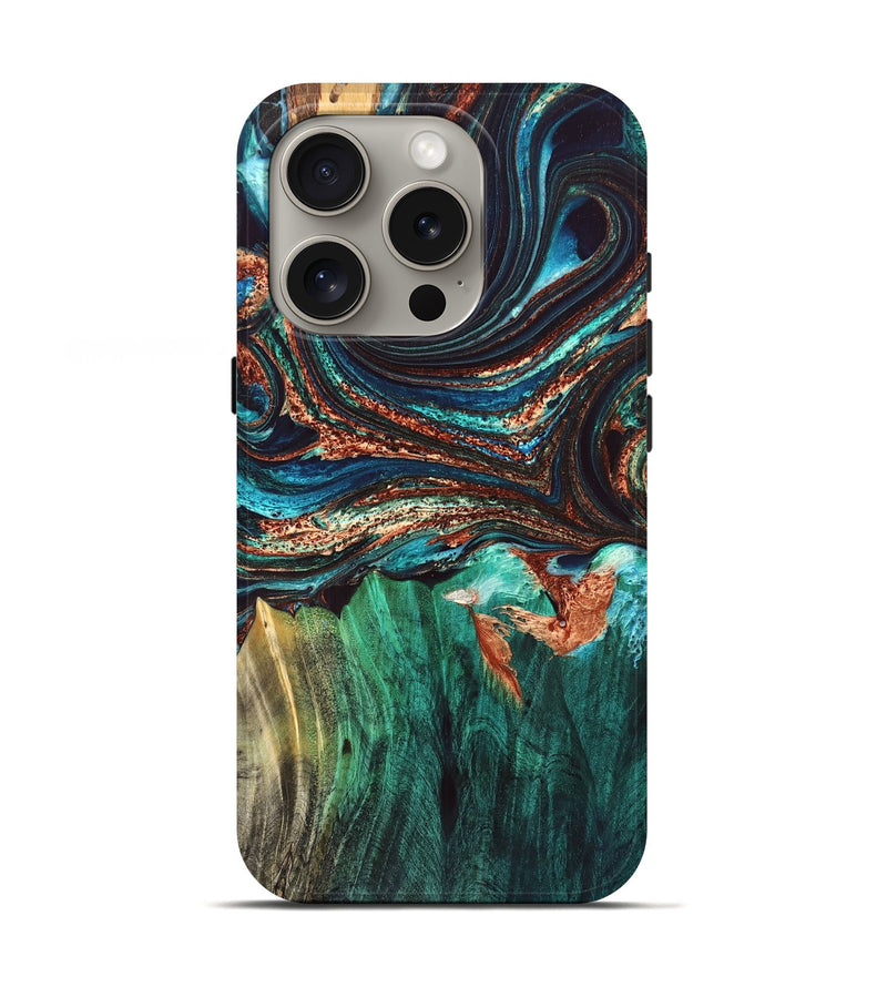 iPhone 16 Pro Wood Live Edge Phone Case - Quiana (Teal & Gold, 832175)