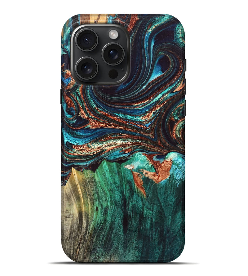 iPhone 16 Pro Max Wood Live Edge Phone Case - Quiana (Teal & Gold, 832175)