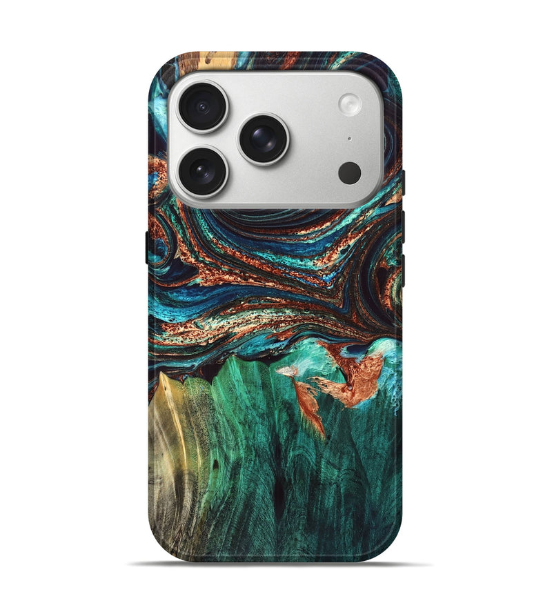 iPhone 17 Pro Wood Live Edge Phone Case - Quiana (Teal & Gold, 832175)