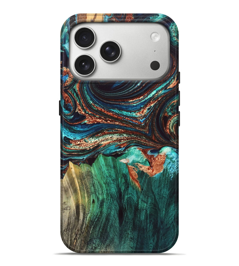 iPhone 17 Pro Max Wood Live Edge Phone Case - Quiana (Teal & Gold, 832175)