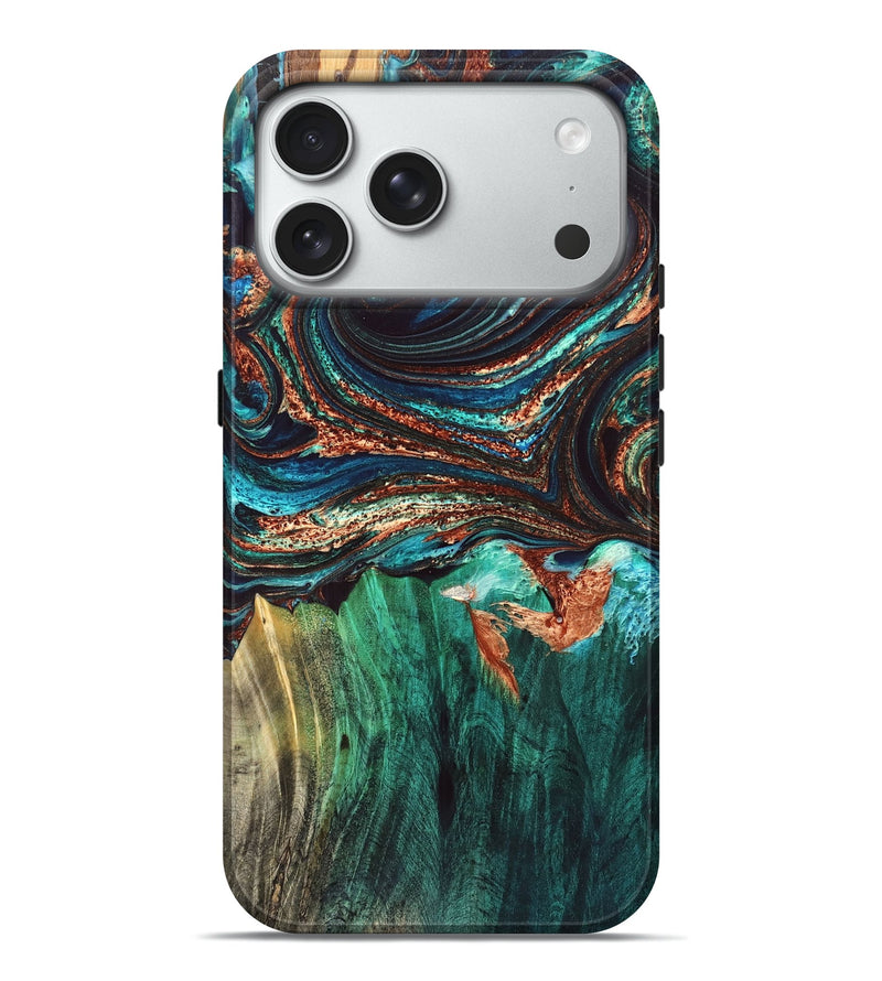 iPhone 18 Pro Max Wood Live Edge Phone Case - Quiana (Teal & Gold, 832175)