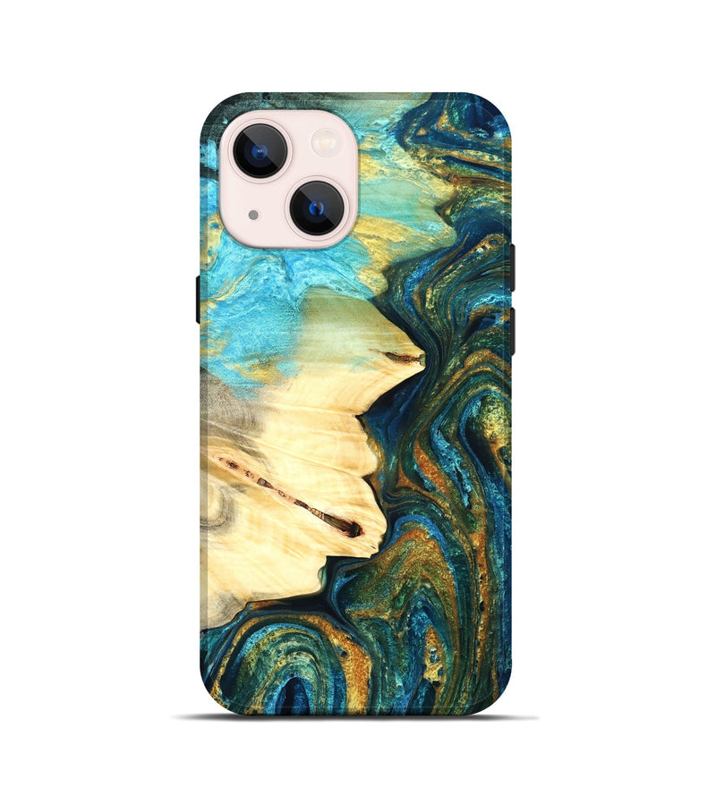 iPhone 13 mini Wood Live Edge Phone Case - Atharv (Teal & Gold, 832182)