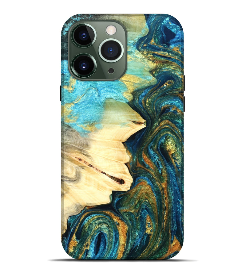 iPhone 13 Pro Max Wood Live Edge Phone Case - Atharv (Teal & Gold, 832182)