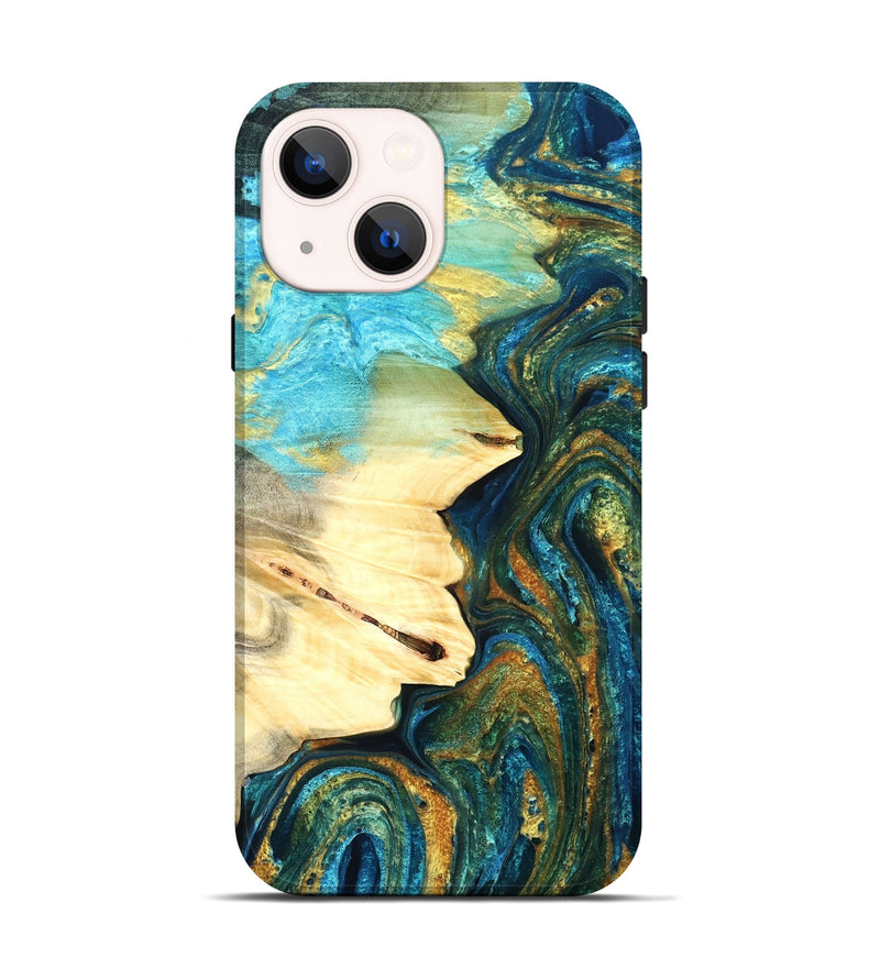iPhone 14 Wood Live Edge Phone Case - Atharv (Teal & Gold, 832182)