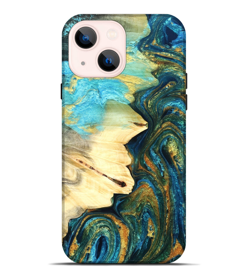 iPhone 14 Plus Wood Live Edge Phone Case - Atharv (Teal & Gold, 832182)