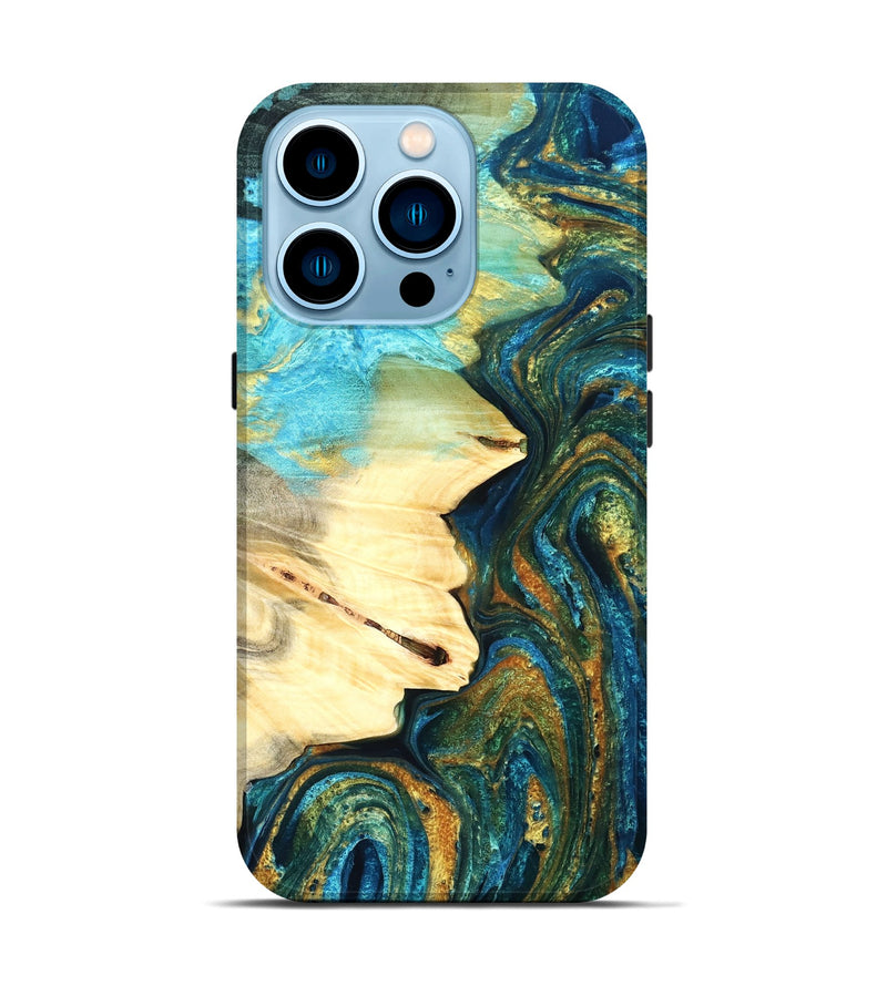 iPhone 14 Pro Wood Live Edge Phone Case - Atharv (Teal & Gold, 832182)