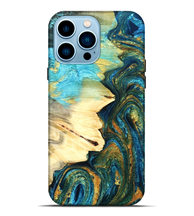 iPhone 14 Pro Max Wood Live Edge Phone Case - Atharv (Teal & Gold, 832182)