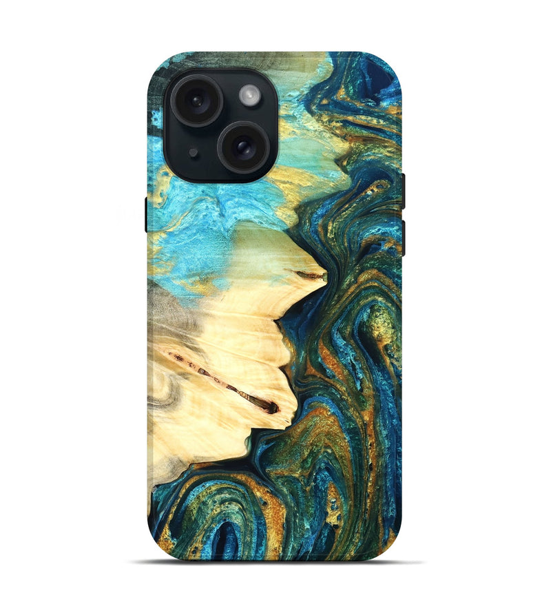 iPhone 15 Wood Live Edge Phone Case - Atharv (Teal & Gold, 832182)