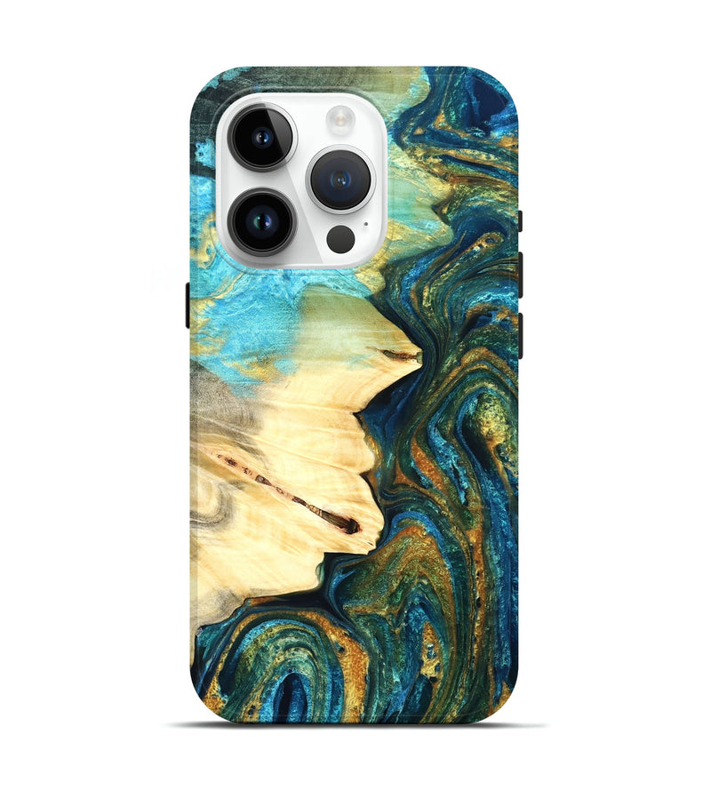 iPhone 15 Pro Wood Live Edge Phone Case - Atharv (Teal & Gold, 832182)