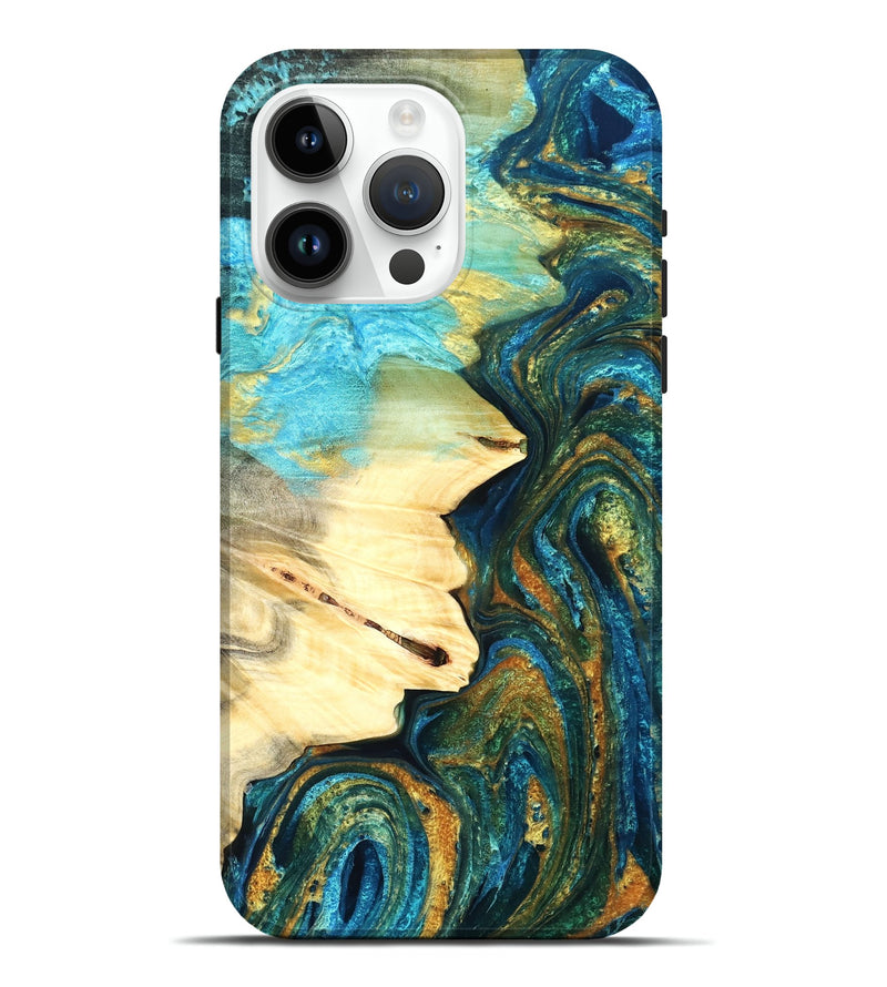 iPhone 15 Pro Max Wood Live Edge Phone Case - Atharv (Teal & Gold, 832182)