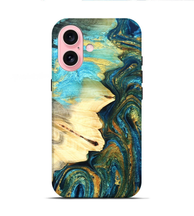 iPhone 16 Wood Live Edge Phone Case - Atharv (Teal & Gold, 832182)