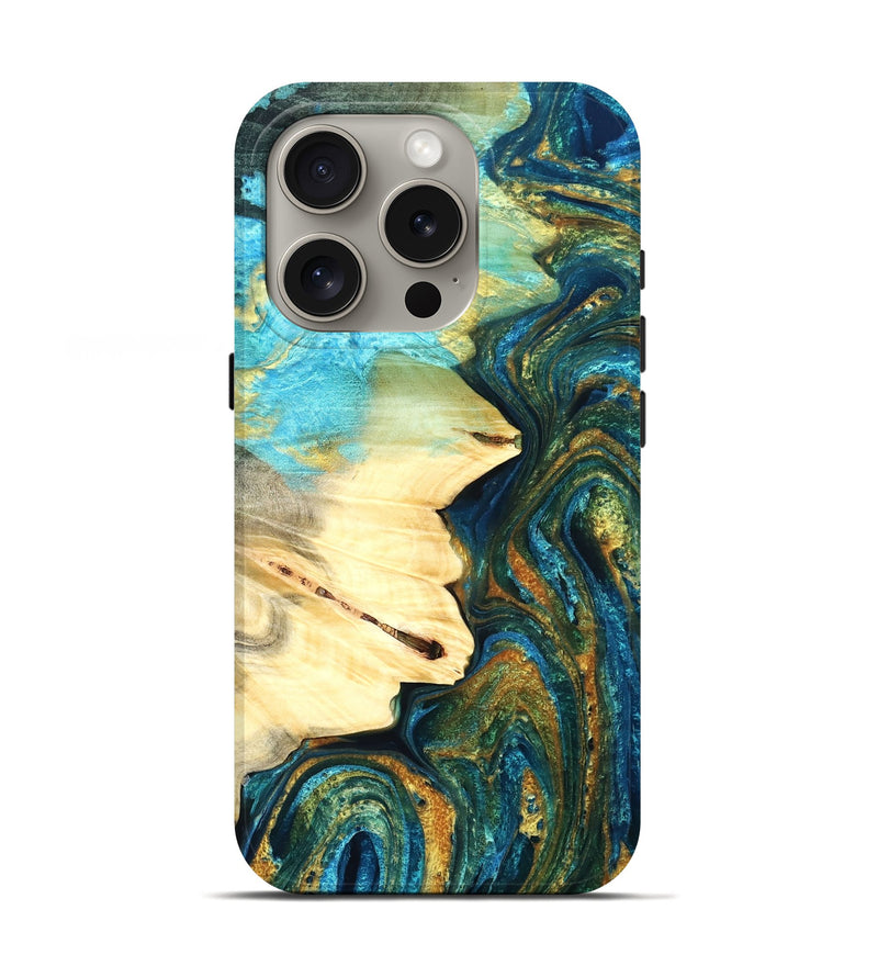 iPhone 16 Pro Wood Live Edge Phone Case - Atharv (Teal & Gold, 832182)