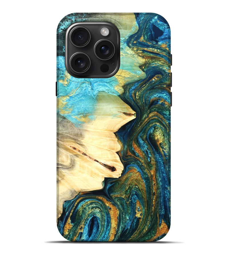 iPhone 16 Pro Max Wood Live Edge Phone Case - Atharv (Teal & Gold, 832182)