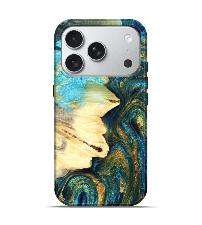 iPhone 18 Pro Wood Live Edge Phone Case - Atharv (Teal & Gold, 832182)