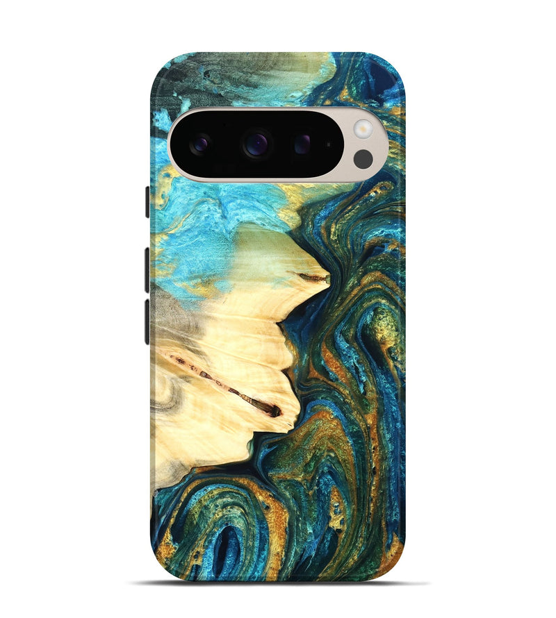 Pixel 10 Pro Wood Live Edge Phone Case - Atharv (Teal & Gold, 832182)