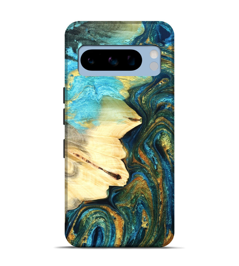 Pixel 8 Pro Wood Live Edge Phone Case - Atharv (Teal & Gold, 832182)