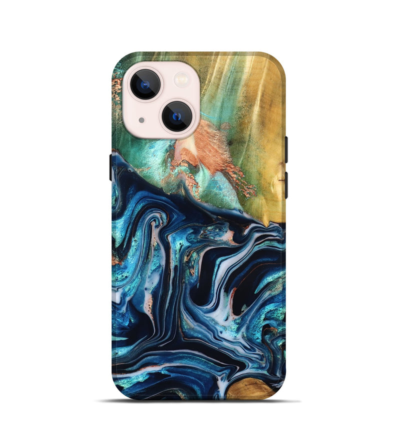 iPhone 13 mini Wood Live Edge Phone Case - Tianna (Teal & Gold, 832183)