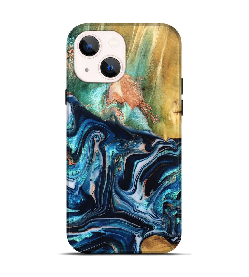 iPhone 14 Wood Live Edge Phone Case - Tianna (Teal & Gold, 832183)
