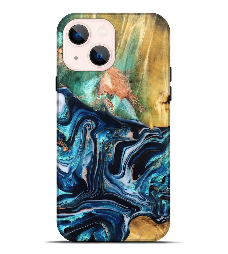 iPhone 14 Plus Wood Live Edge Phone Case - Tianna (Teal & Gold, 832183)