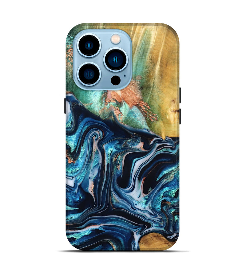 iPhone 14 Pro Wood Live Edge Phone Case - Tianna (Teal & Gold, 832183)