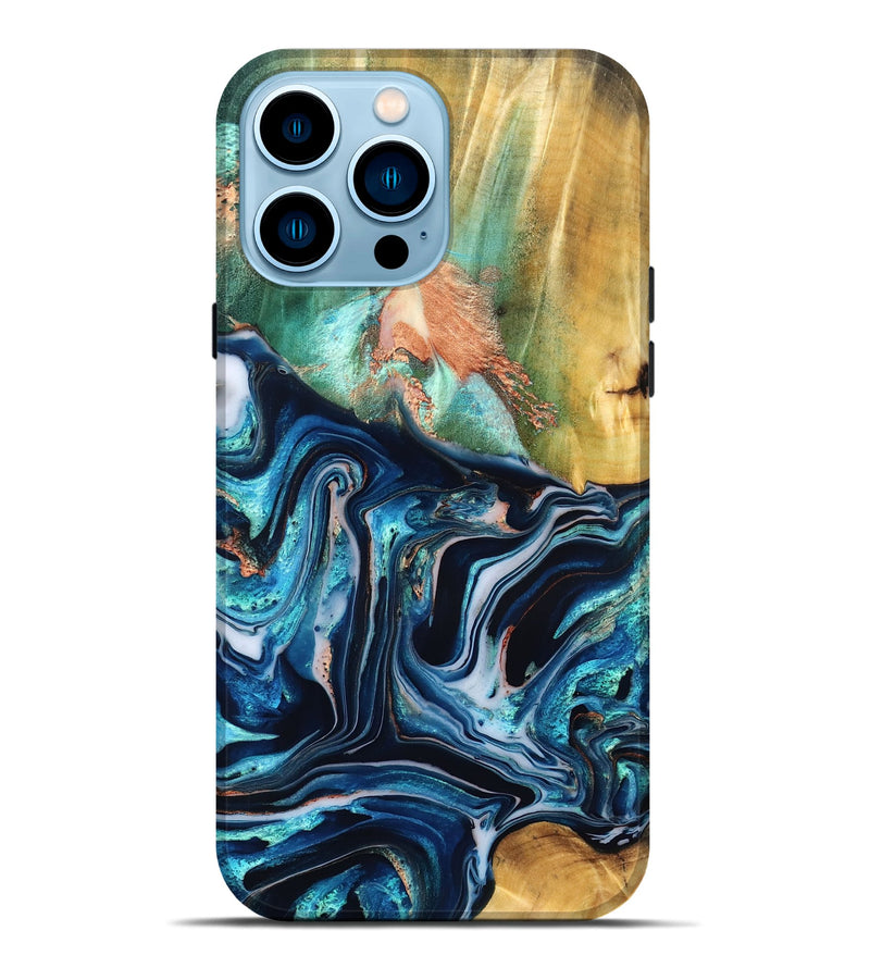 iPhone 14 Pro Max Wood Live Edge Phone Case - Tianna (Teal & Gold, 832183)