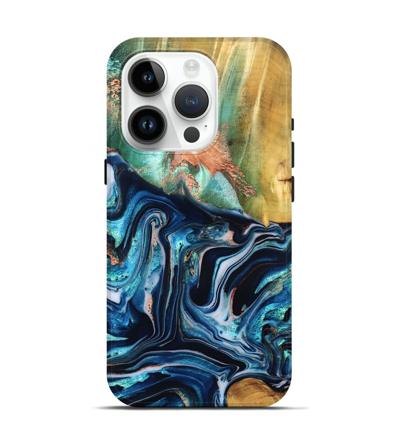 iPhone 15 Pro Wood Live Edge Phone Case - Tianna (Teal & Gold, 832183)