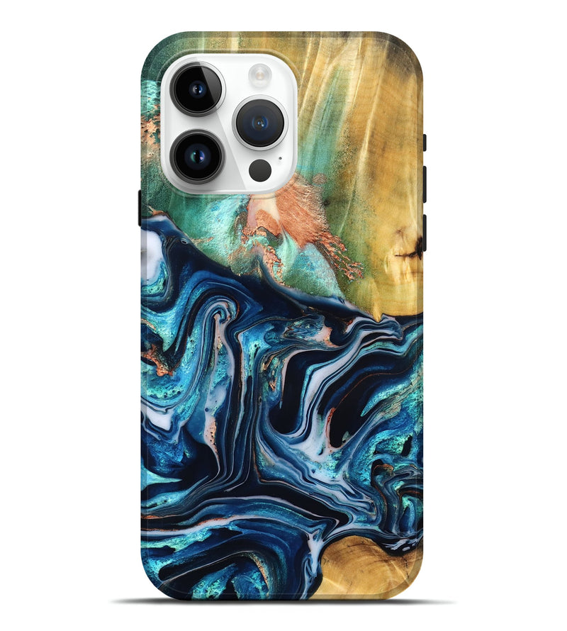 iPhone 15 Pro Max Wood Live Edge Phone Case - Tianna (Teal & Gold, 832183)