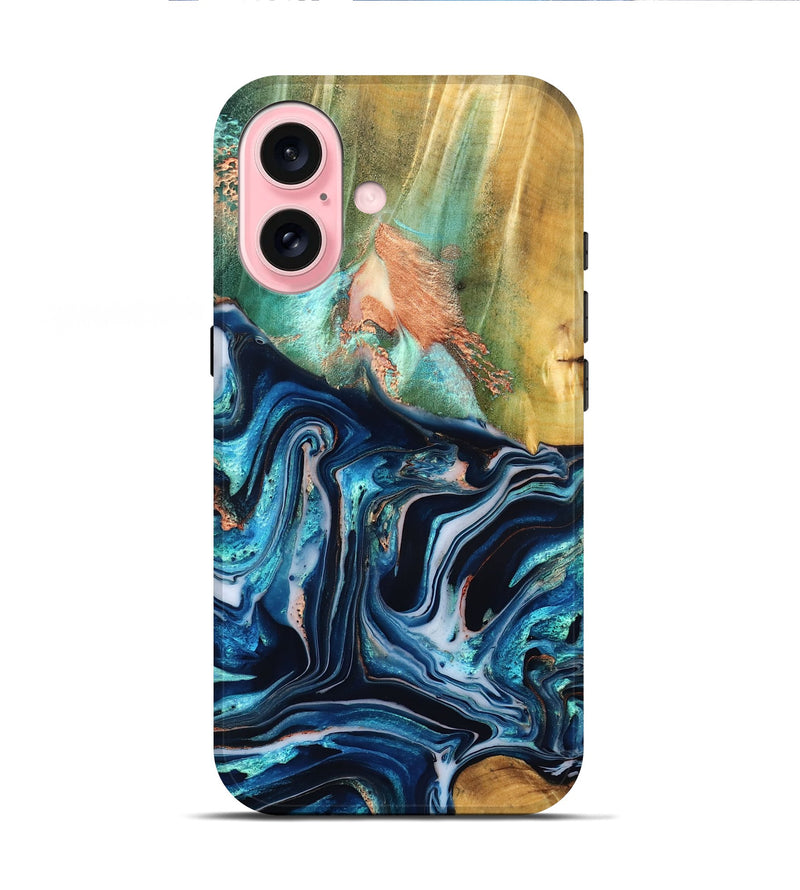 iPhone 16 Wood Live Edge Phone Case - Tianna (Teal & Gold, 832183)