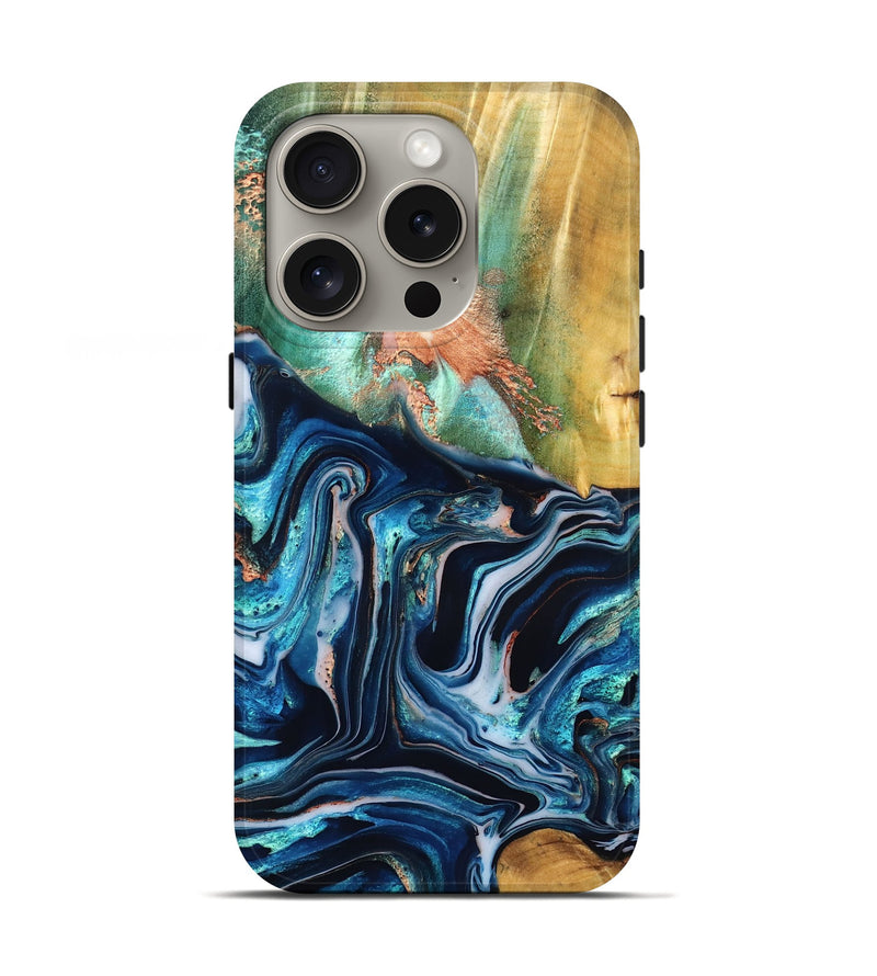 iPhone 16 Pro Wood Live Edge Phone Case - Tianna (Teal & Gold, 832183)