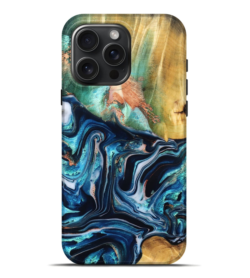 iPhone 16 Pro Max Wood Live Edge Phone Case - Tianna (Teal & Gold, 832183)