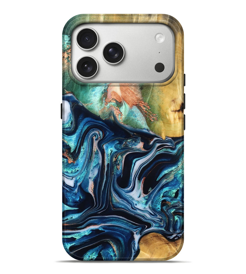 iPhone 17 Pro Max Wood Live Edge Phone Case - Tianna (Teal & Gold, 832183)