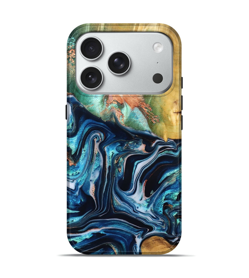 iPhone 18 Pro Wood Live Edge Phone Case - Tianna (Teal & Gold, 832183)